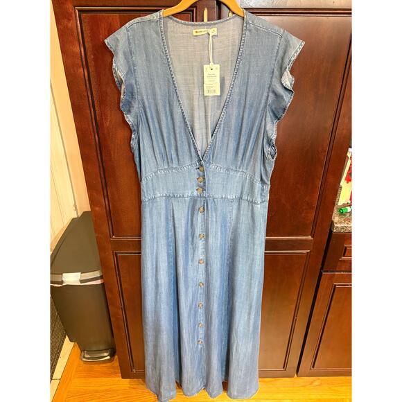 NWT Marine Layer Camila Midi Dress Button-Front with Ruffle Sleeves Size XL Blue - Picture 4 of 12